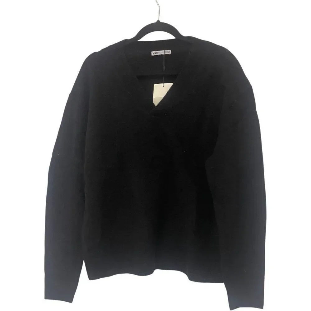 Zara Women wool Sweater L XL Black Pullover V-Neck Knit 2893/372 NWT